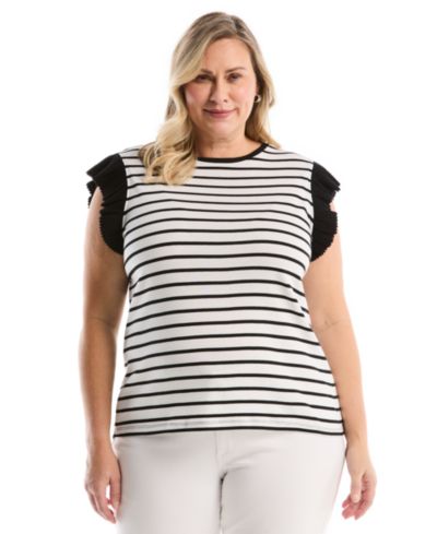 Rafaella Plus Size Striped Ruffle Cap-Sleeve Top