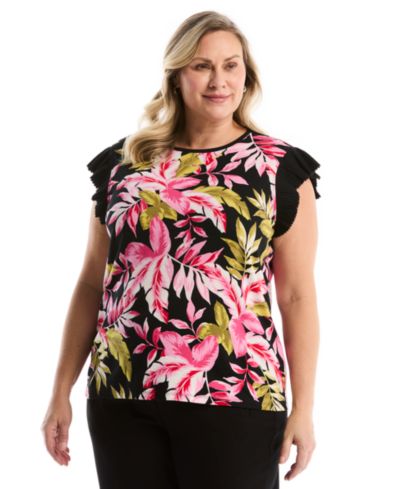 Rafaella Plus Size Tropical Print Ruffle Cap-Sleeve Top