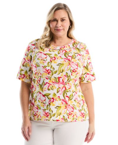 Rafaella Plus Size Petal Print Pom Trim Detail Short-Sleeve Top