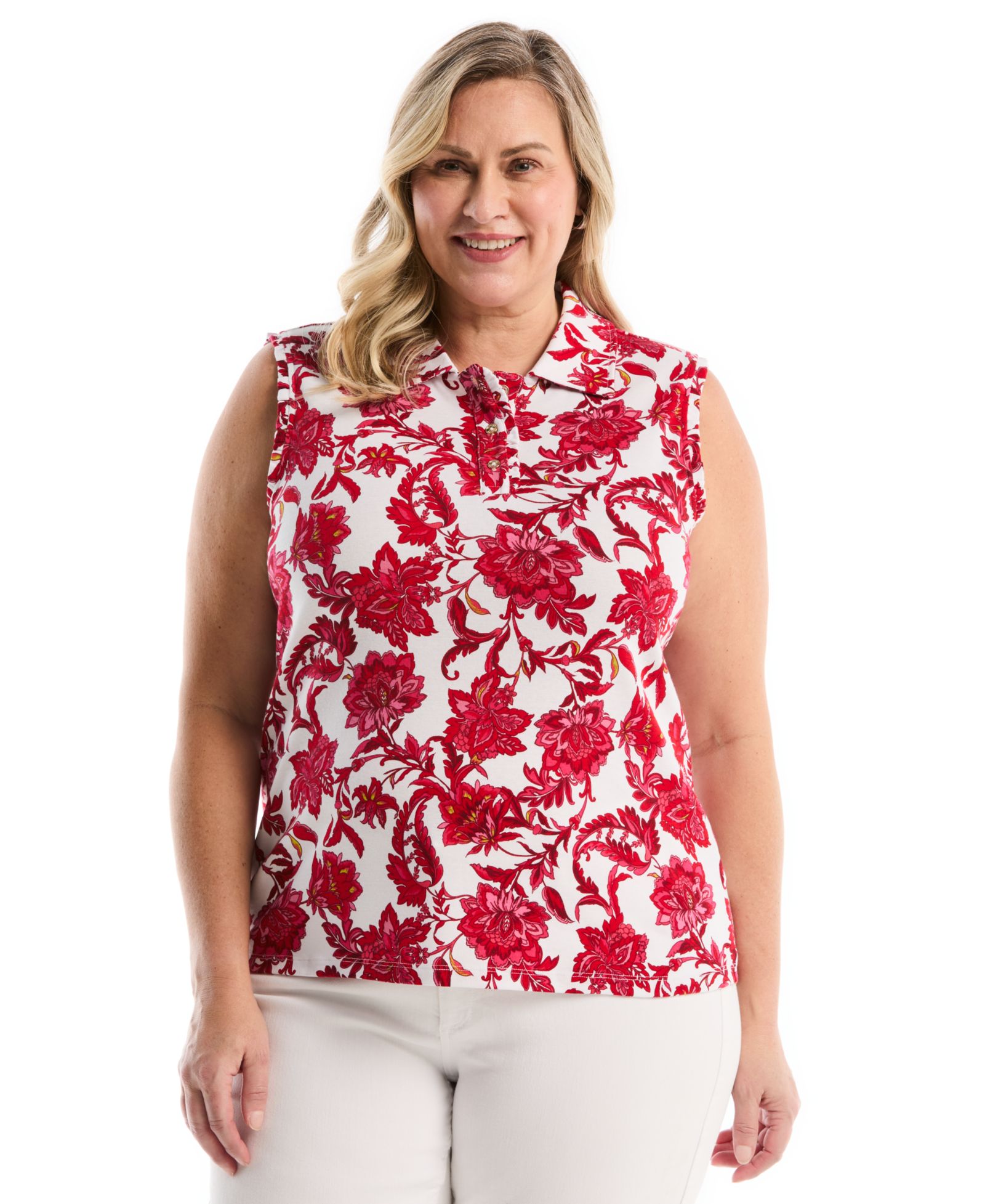Rafaella Plus Size Botanical Print Ruffle Trim Sleeveless Polo Shirt