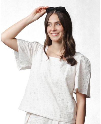 Hope & Henry Women's Hope and Henry Organic Flounce Sleeve Eyelet Top