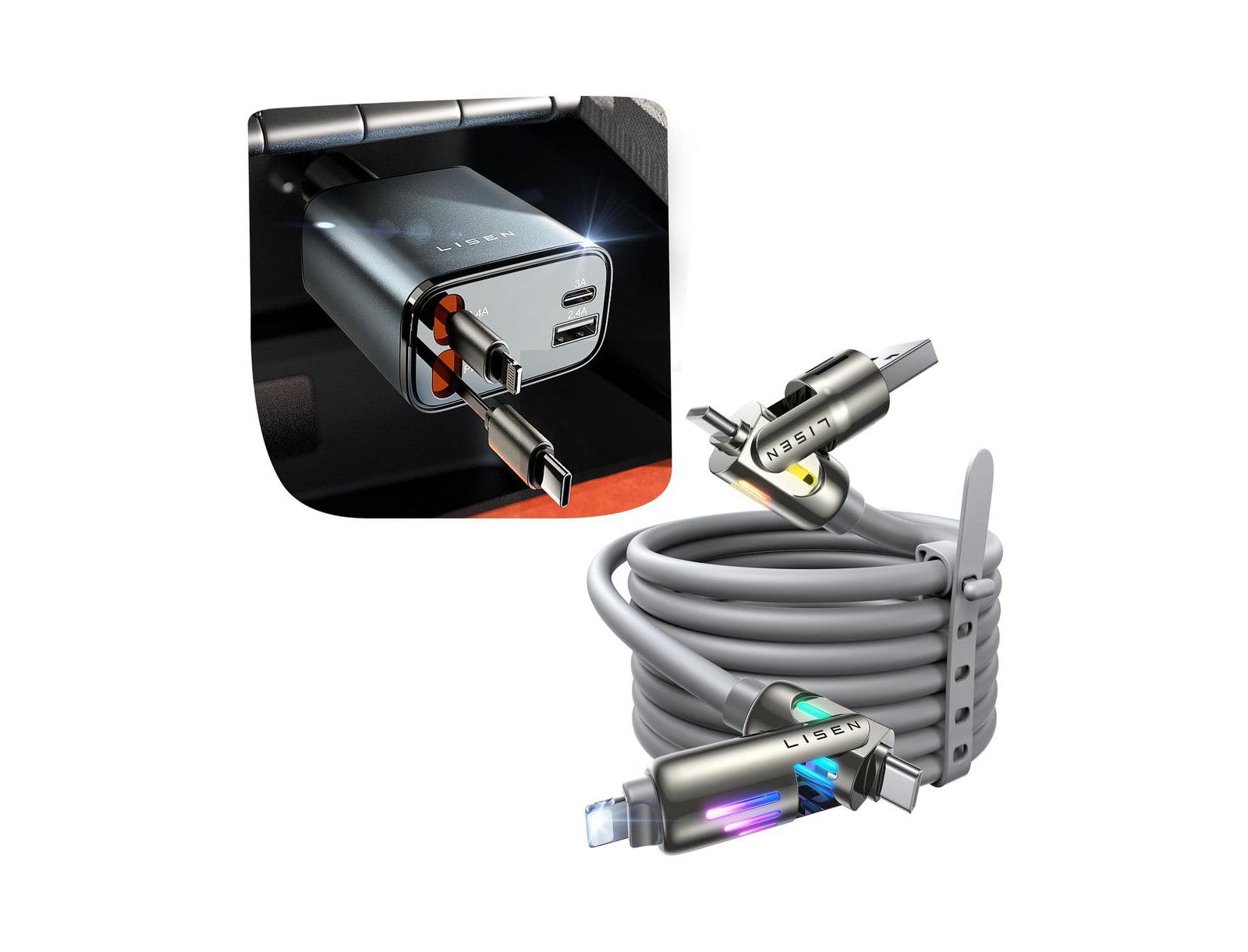 Lisen Chubby 69W Retractable Fast-Charging Car Charger Bundle for iPhone, Android & Laptops