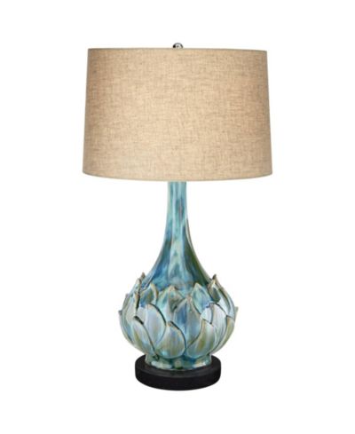 Possini Euro Design Kenya Modern Table Lamp with Round Riser 29 1/2" Tall Blue Green Ceramic Linen Drum Shade for Bedroom Living Room Kids
