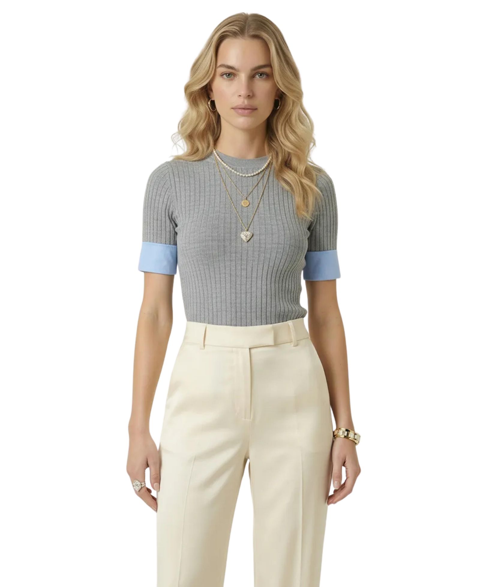 Modenaire Women's Ribbed Knit Contrast Cuff Top