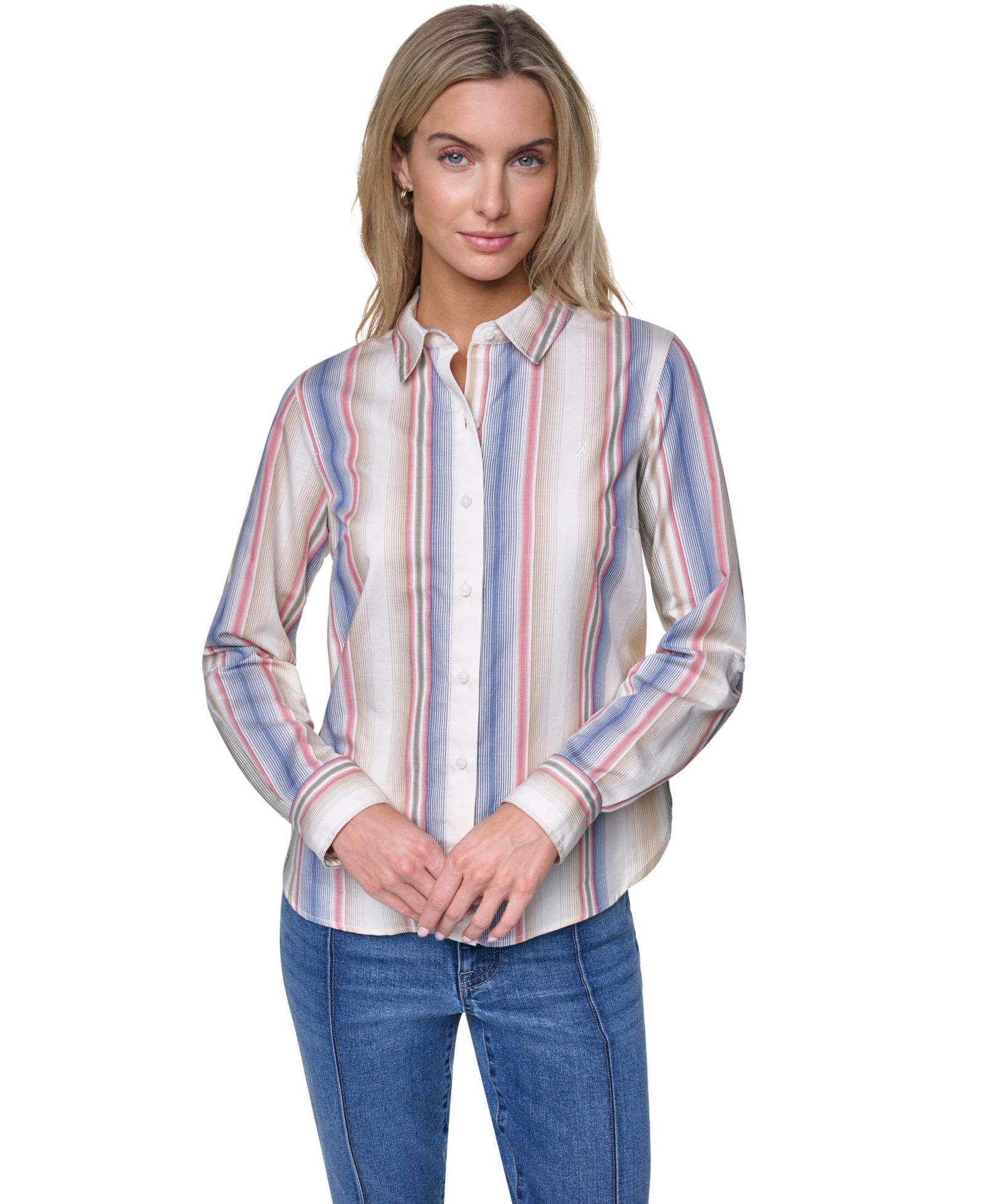 Nautica Women's Cotton-Blend Roll-Tab Button-Front Shirt