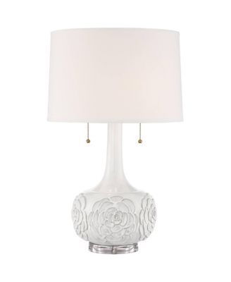 Possini Euro Design Country Cottage Table Lamp with USB Charging Port 27" Tall Floral Ceramic Drum Shade Living Room Bedroom House