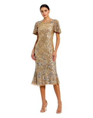 Mac Duggal Women's Flutter Sleeve Floral Embellished Sequin Midi Dress