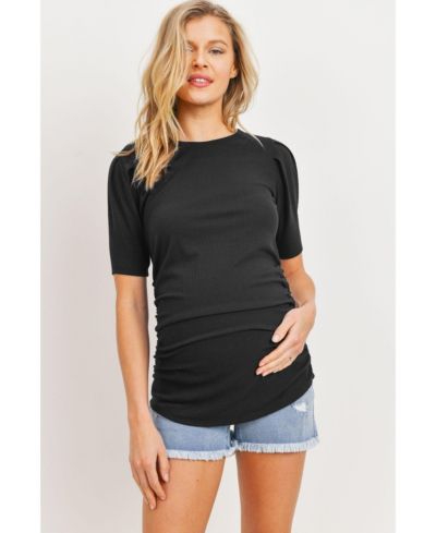 Hello Miz Maternity Ribbed Ruched Short Sleeve Puff Top