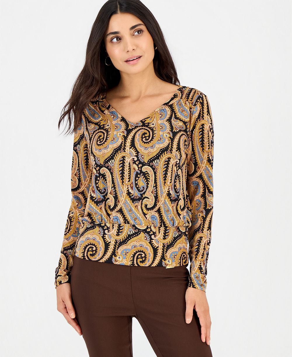 I.N.C. International Concepts Petite Long-Sleeve V-Neck Paisley Blouse, Macy's Exclusive