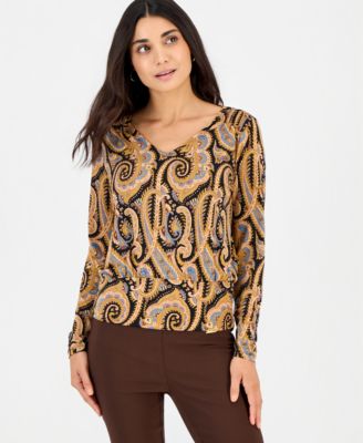 I.N.C. International Concepts Petite Long-Sleeve V-Neck Paisley Blouse, Macy's Exclusive