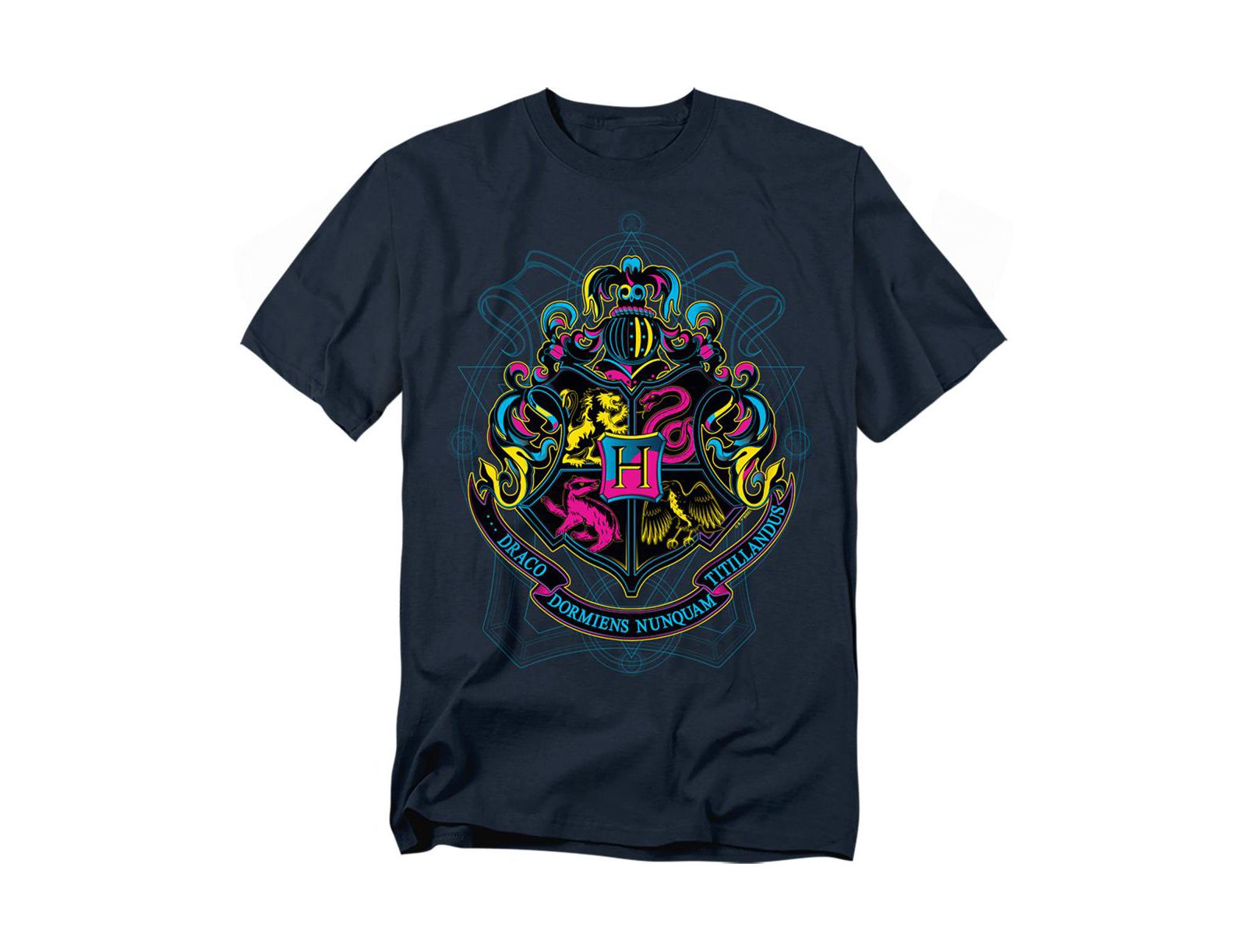 Harry Potter Men's Neon Hogwarts Shield With Motto T Shirt