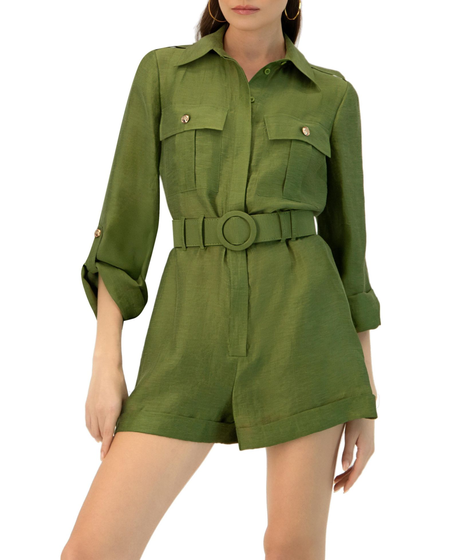Ivonne Women's Belted Linen Romper with Cargo Patch Pockets