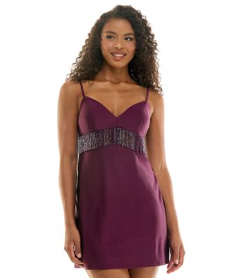 City Studios Juniors' Beaded Fringe Trim Satin Short Dress