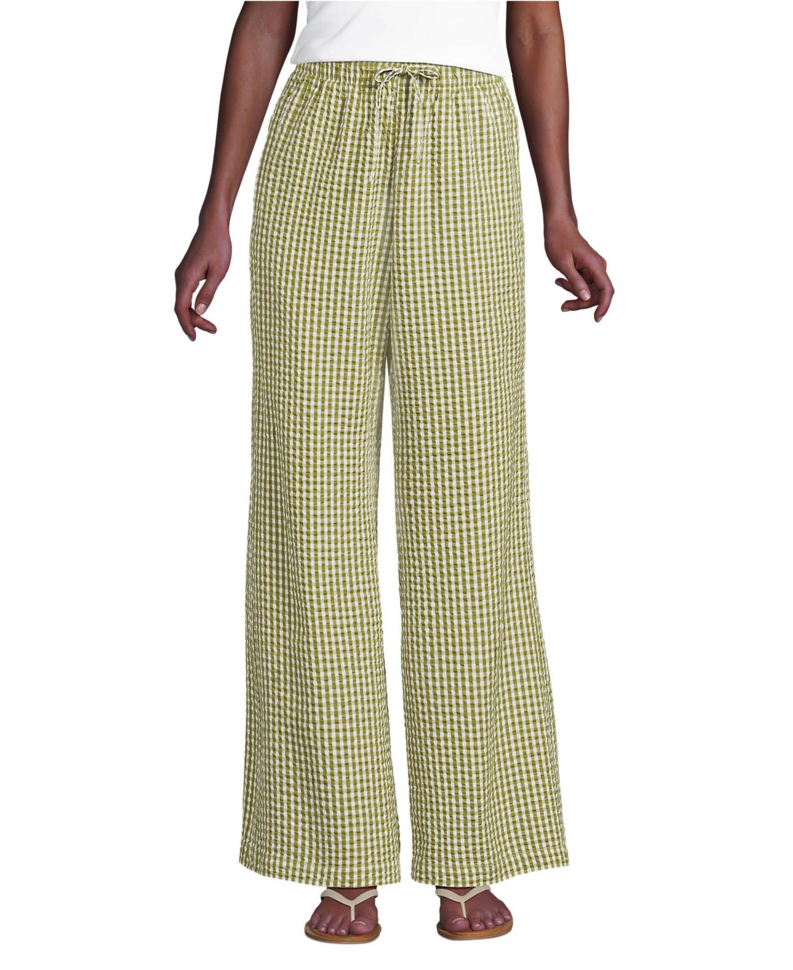 Lands' End Women's Seersucker High Rise Drawstring Wide Leg Pants