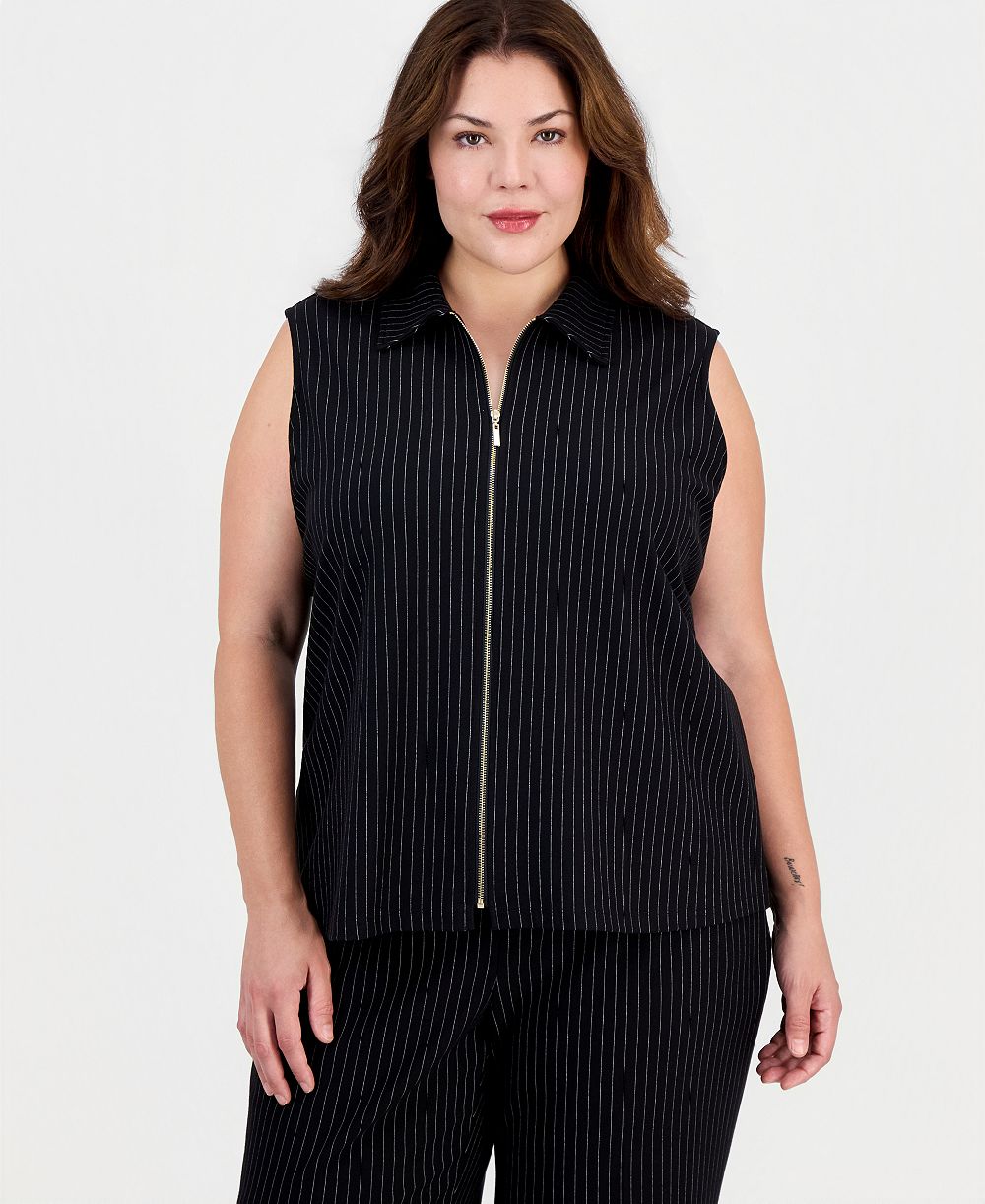 Блузка Anne Klein Plus Size с воротником-стойкой и застежкой-молнией в полоску
