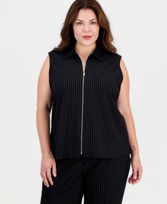 Anne Klein Plus Size Mock-Neck Front-Zip Pinstripe Blouse