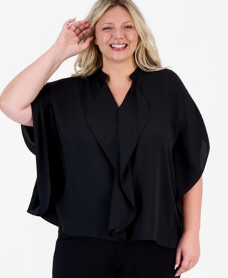 Anne Klein Plus Size Split-Neck Ruffle-Front Dolman-Sleeve Blouse