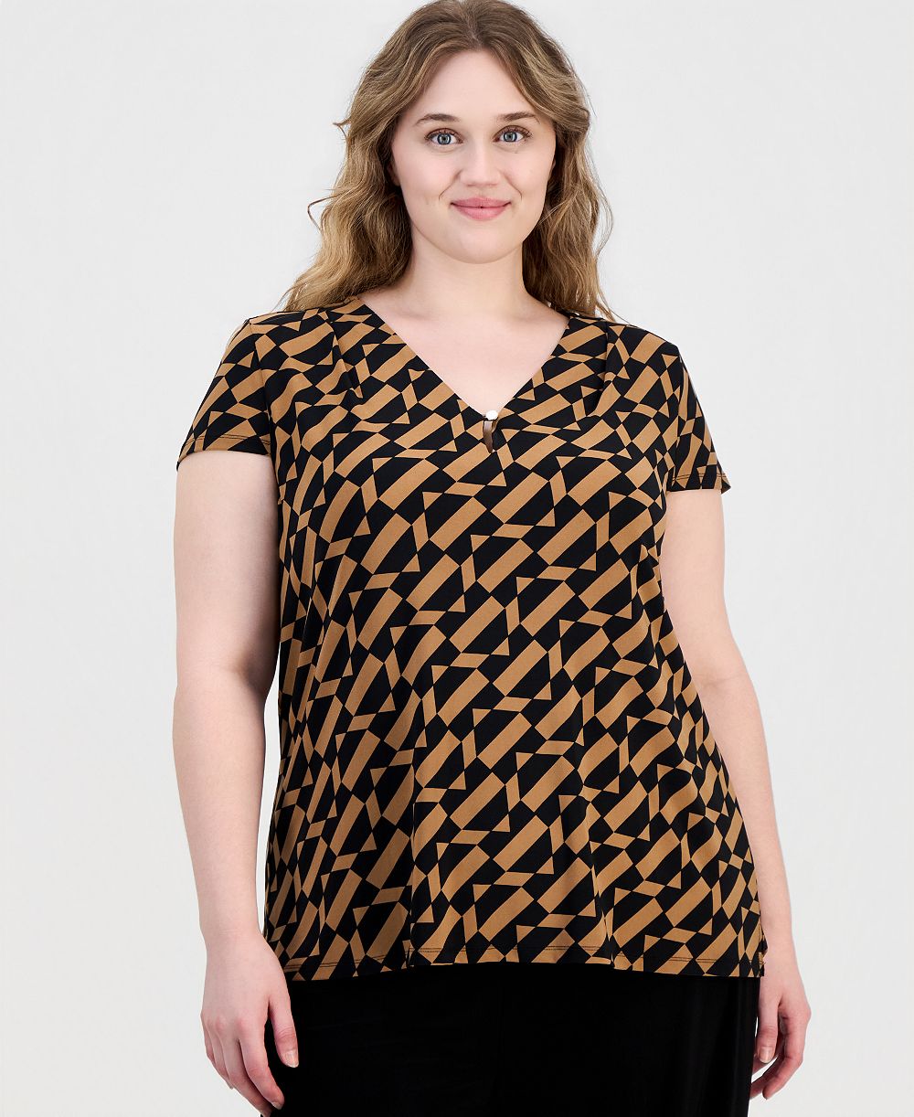 Anne Klein Essentials Plus Size Printed V-Neck Cap-Sleeve Top