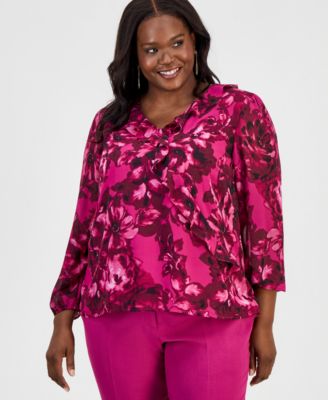 Kasper Plus Size Printed Ruffled Surplice Top