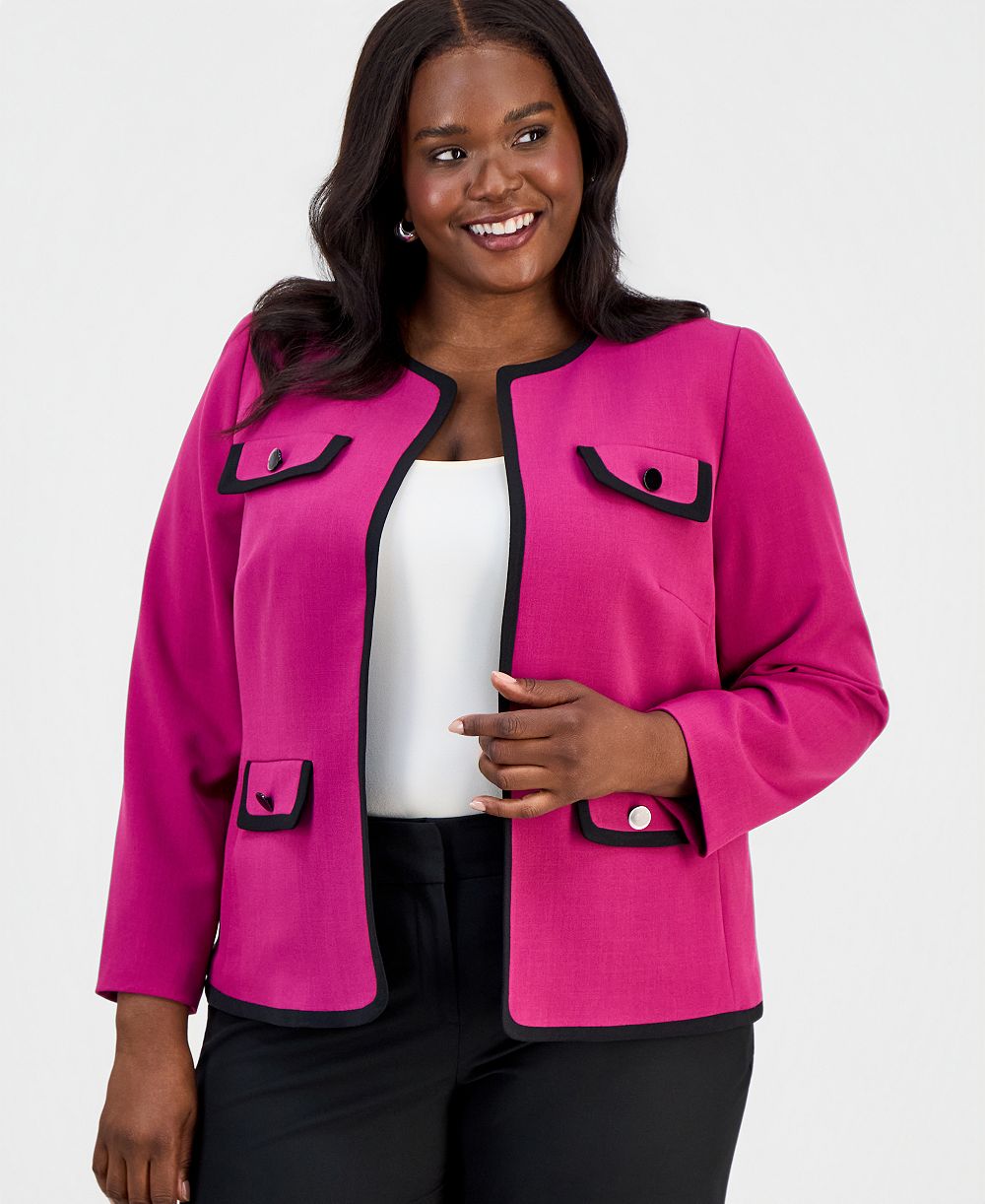Kasper Plus Size Collarless Open-Front Framed Jacket