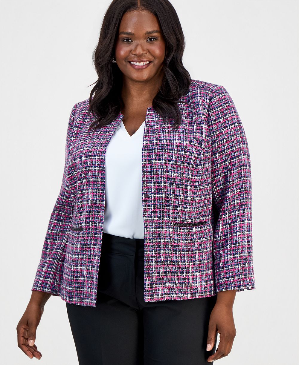 Kasper Plus Size Tweed Open-Front Long-Sleeve Jacket