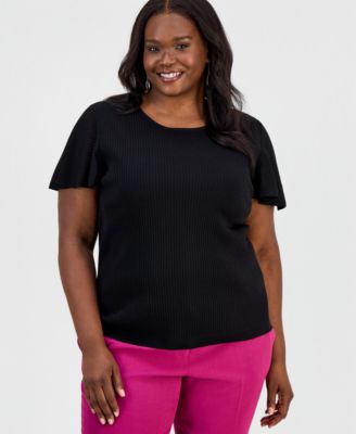 Женский трикотажный свитер Kasper Plus Size Crewneck Flutter-Sleeve Rib-Knit