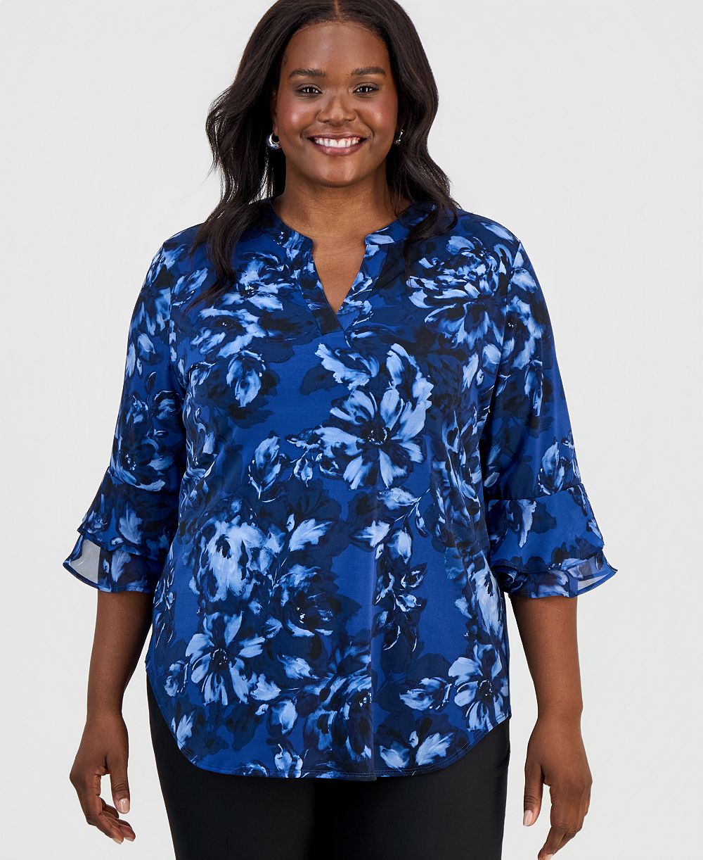 Kasper Plus Size Split-Neck Printed Flutter-Sleeve Top
