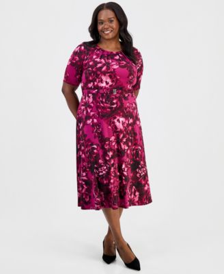 Kasper Plus Size Pleated Belted Fit & Flare Dress