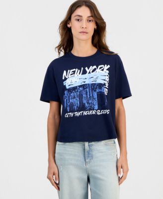 Rebellious One Juniors' New York Skyline Graphic Crop Tee