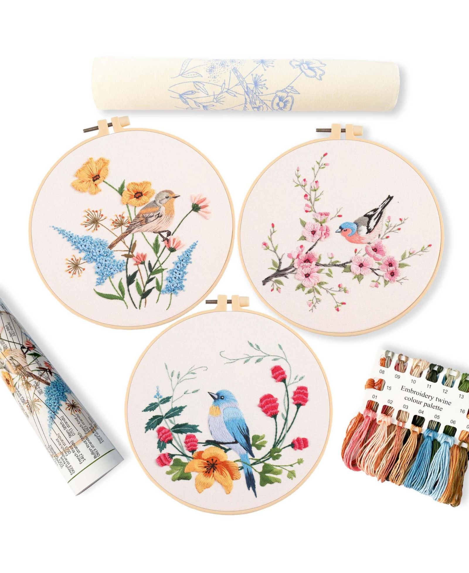 GNUADZ 3p Embroidery Starter Kit Patterns DIY Adult Beginner Plastic Rings Colored Threads Instructions