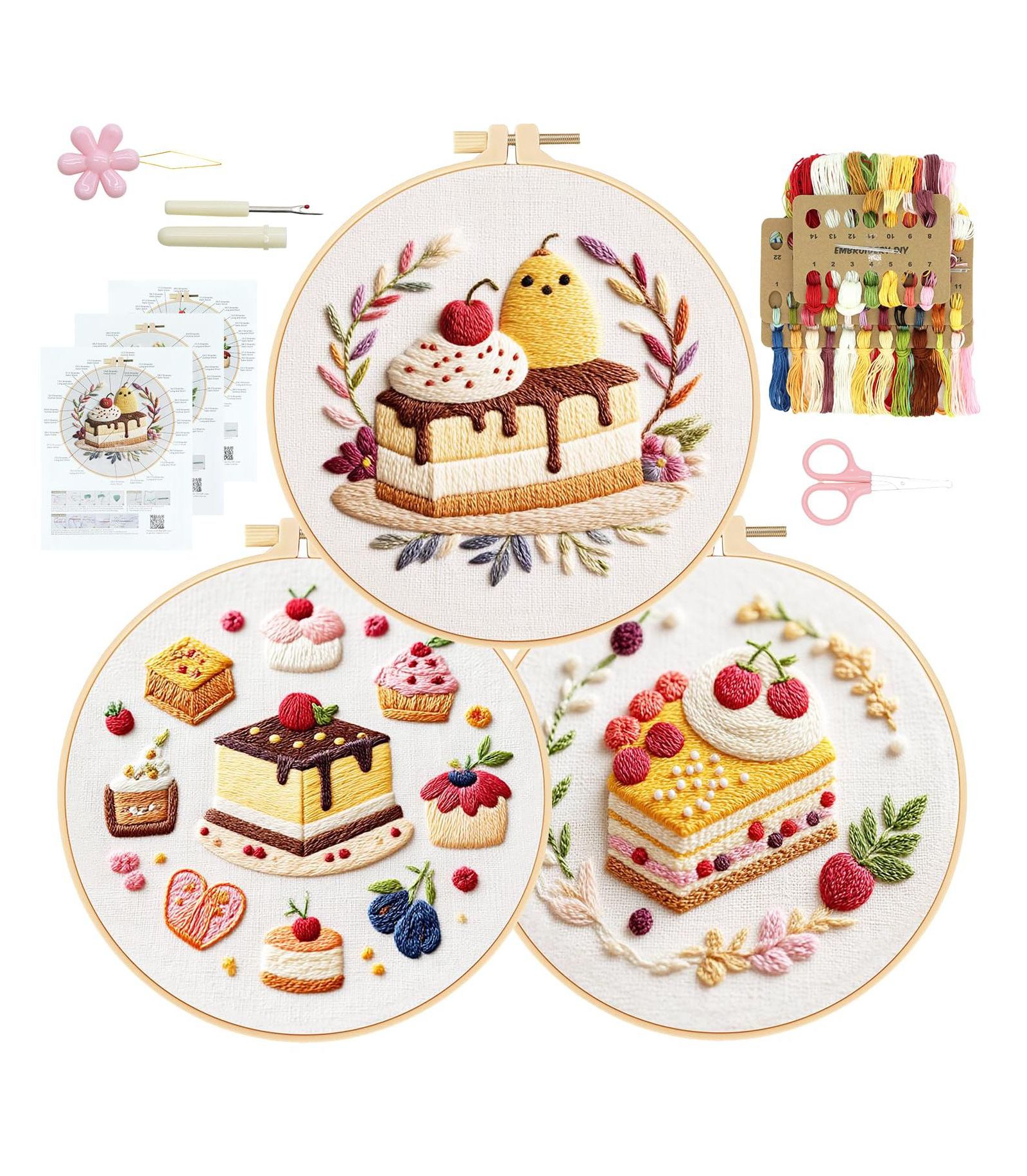 GNUADZ 3pc Embroidery Kit Pattern Beginner DIY Craft Hoop Floss Guide