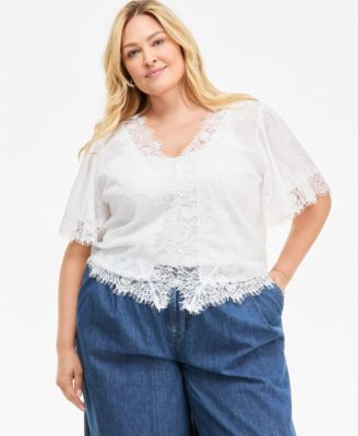 On 34th Plus Size Lace Short-Sleeve Blouse, Macy's Exclusive