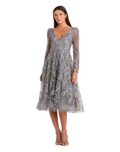 Mac Duggal Women's Floral Embroidered Long Sleeve V Neck Midi Dress