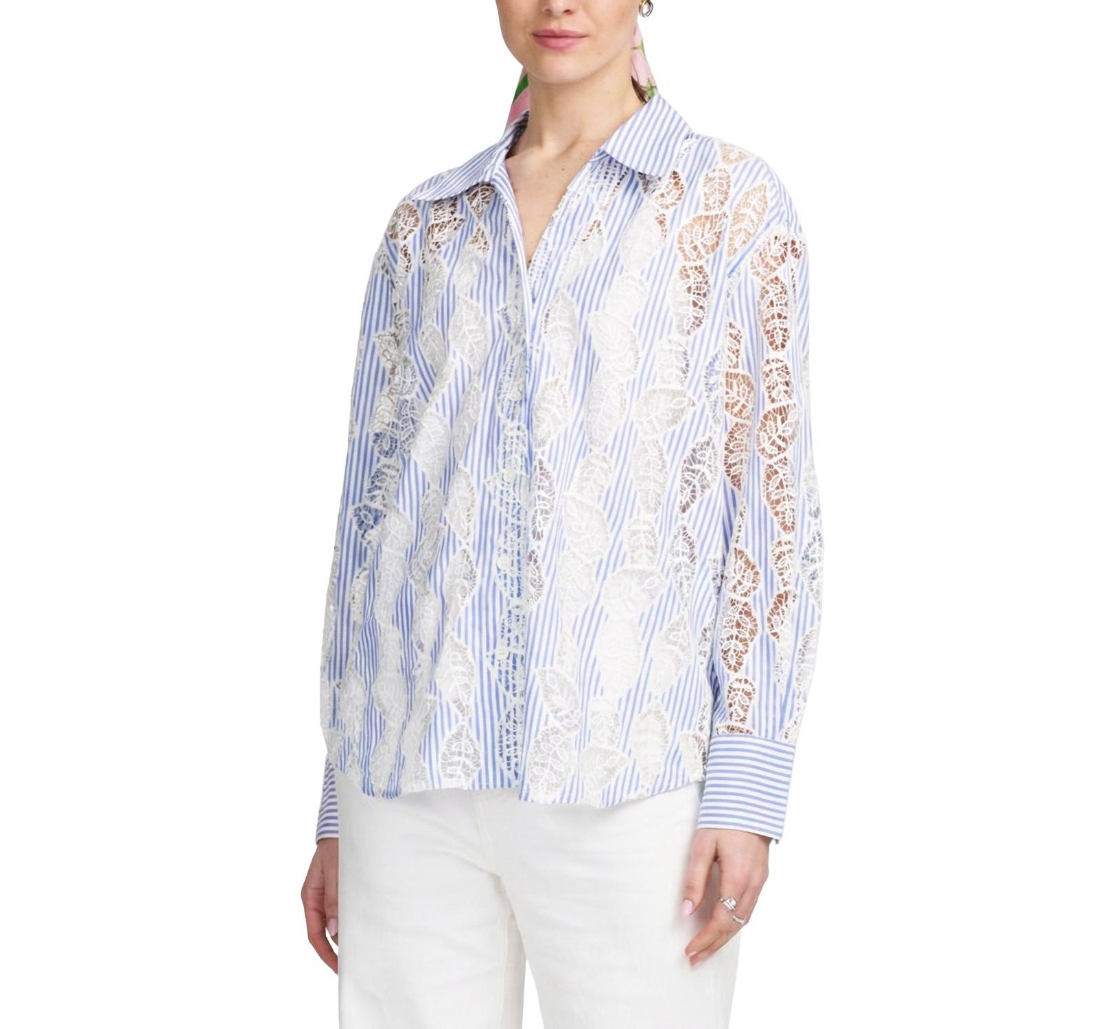 ELLE Collection Women's Lace Striped Shirt