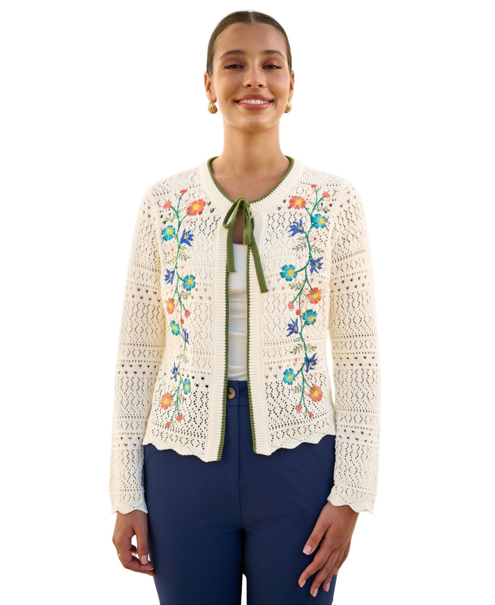Yumi Women's Crochet Knitted Tie Front Cardigan