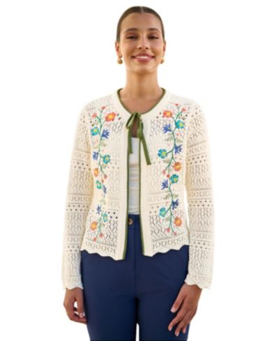 Yumi Women's Crochet Knitted Tie Front Cardigan