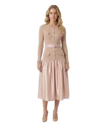 Modenaire Women's Ribbed Knit Satin Belted Midi Dress