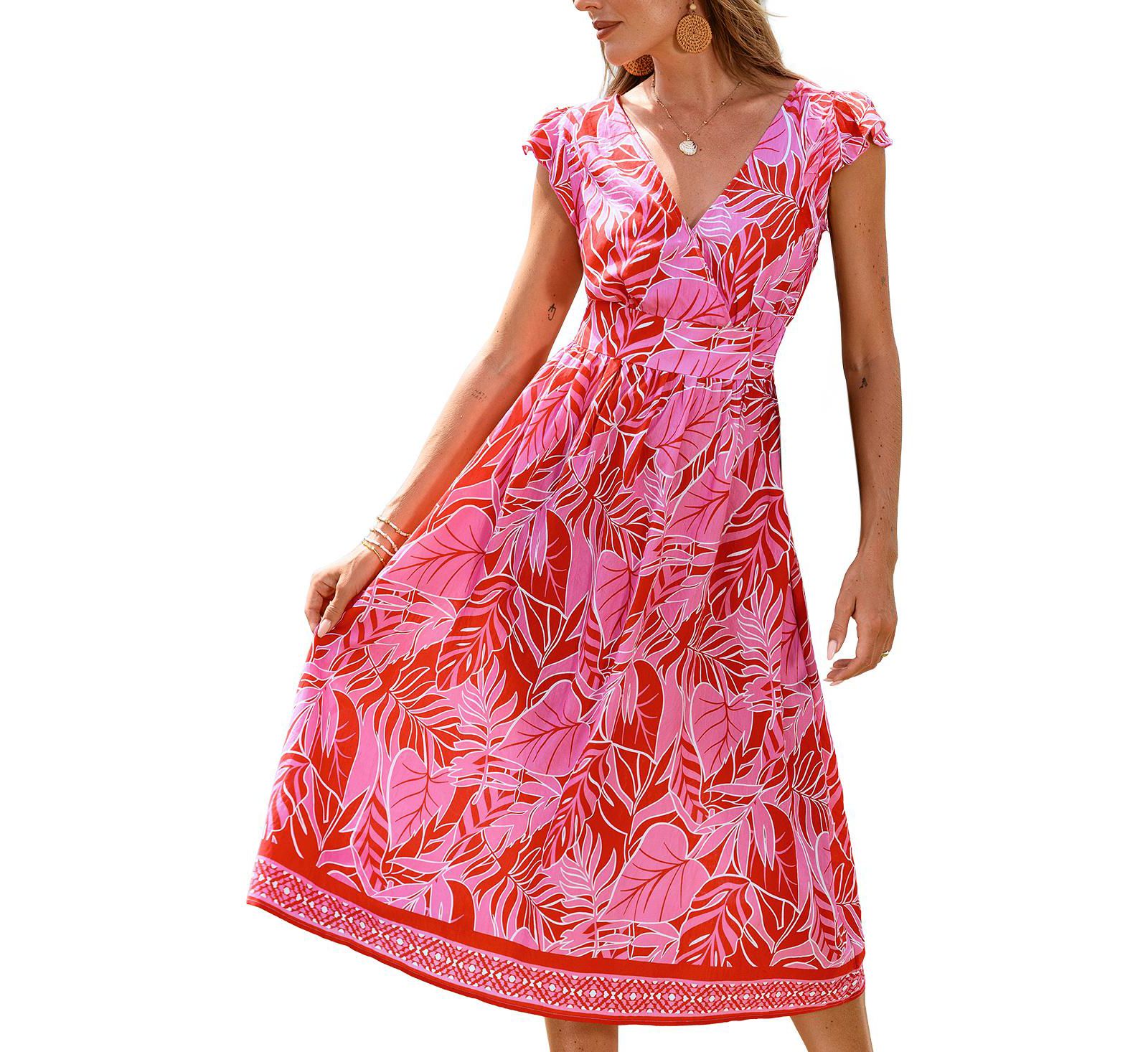 Cupshe Women's Printed V-Neck Flutter Sleeve Beach Dress