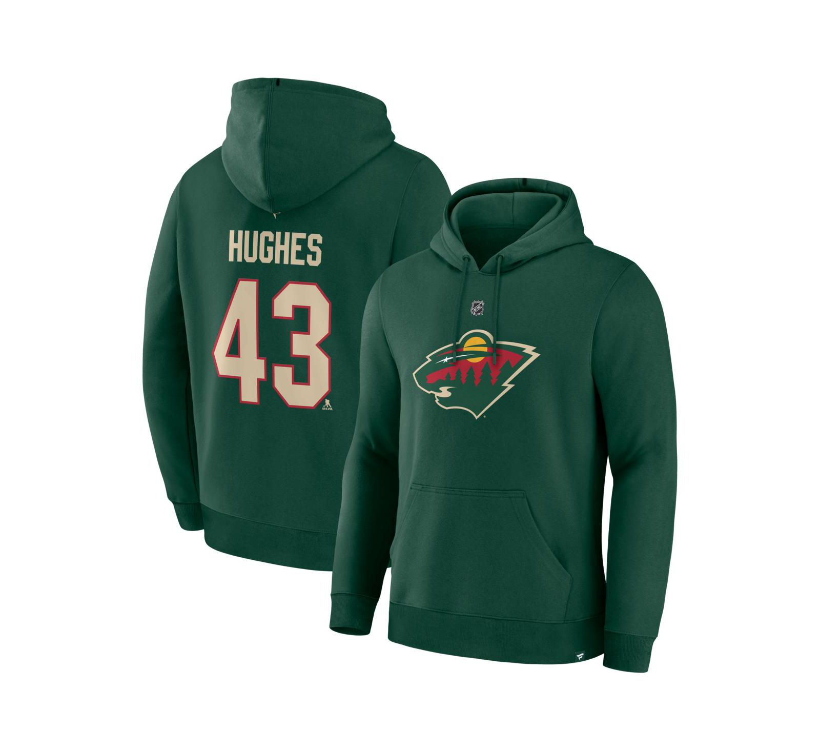 Мужское худи Fanatics Minnesota Wild Authentic Stack с именем и номером Quinn Hughes