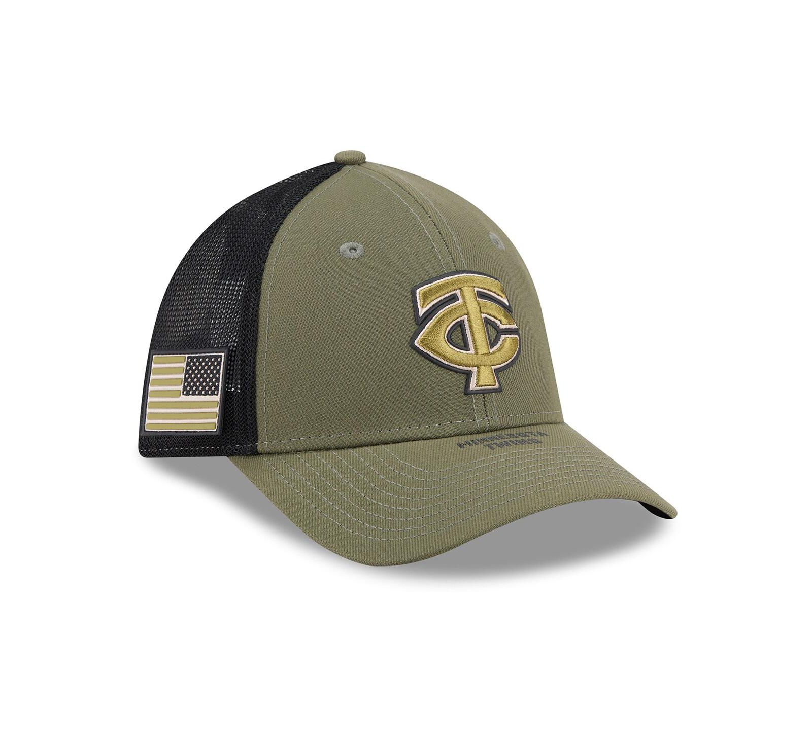 Мужская кепка New Era Olive Minnesota Twins 2026 Armed Forces Day 39THIRTY M-Crown Flex