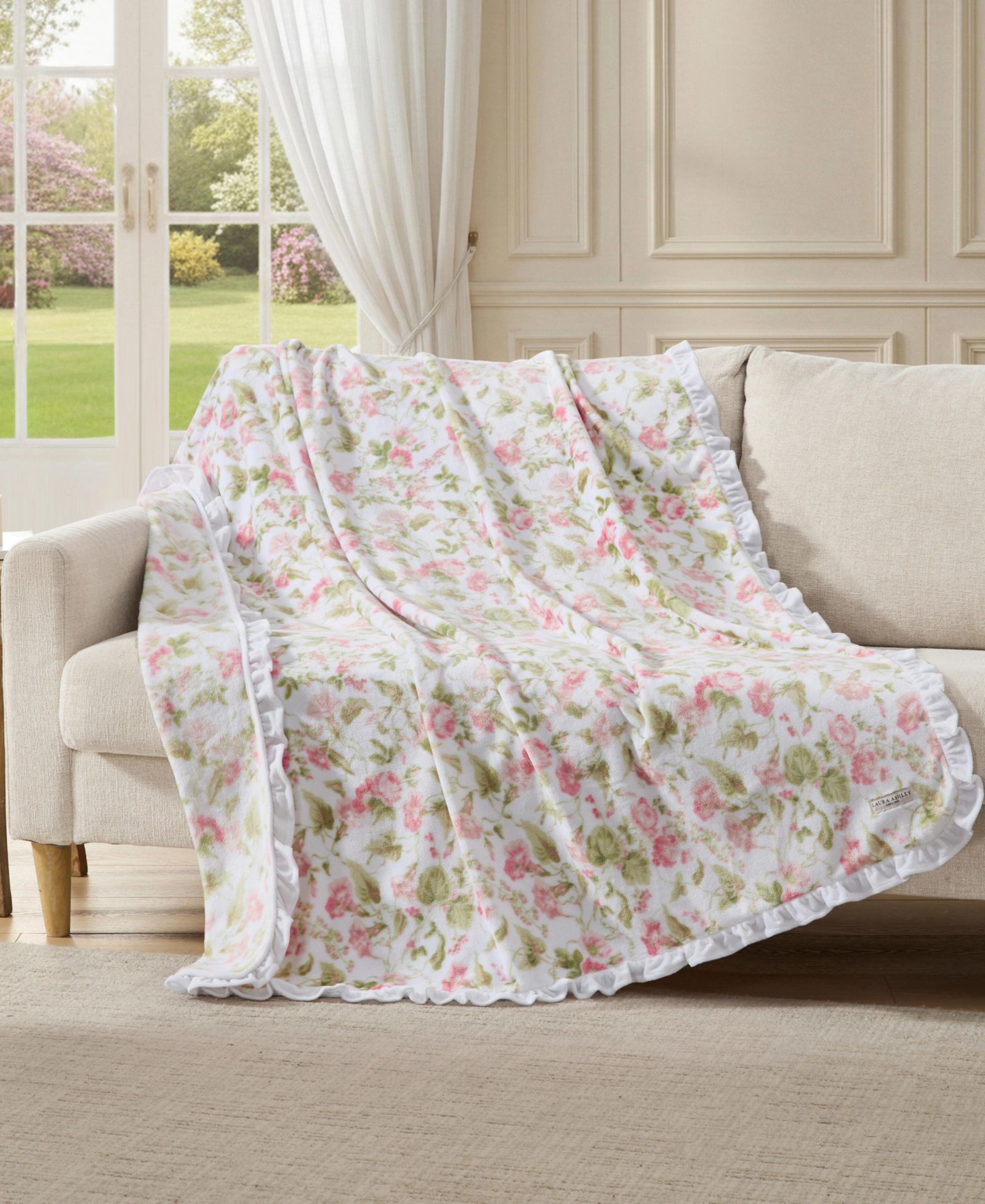 Laura Ashley Morning Gloria Printed Plush Reversible Throw, 70" x 50"