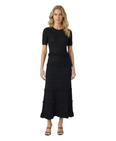 Modenaire Women's Textured Knit Ruffle-Trim Fitted Midi Dress