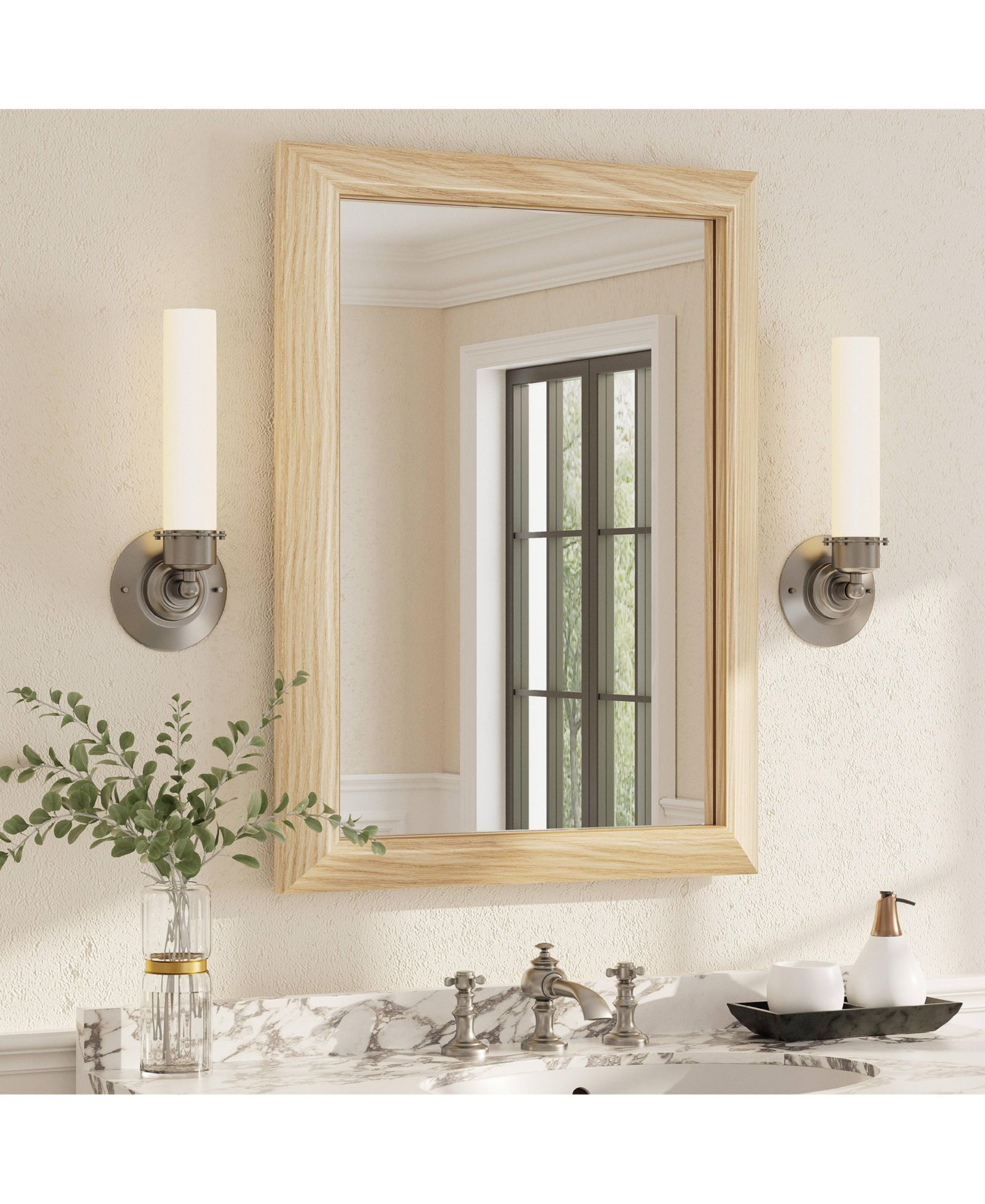Apmir 22" x 30" Inch Thick Metal Framed Wall Mirrors for Bedroom, Rectangle Wall-Mounted Mirrors in Light Yellow Wood