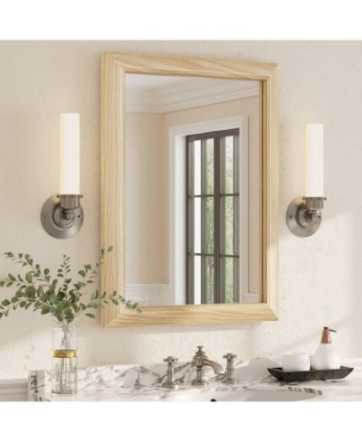 Apmir 22" x 30" Inch Thick Metal Framed Wall Mirrors for Bedroom, Rectangle Wall-Mounted Mirrors in Light Yellow Wood