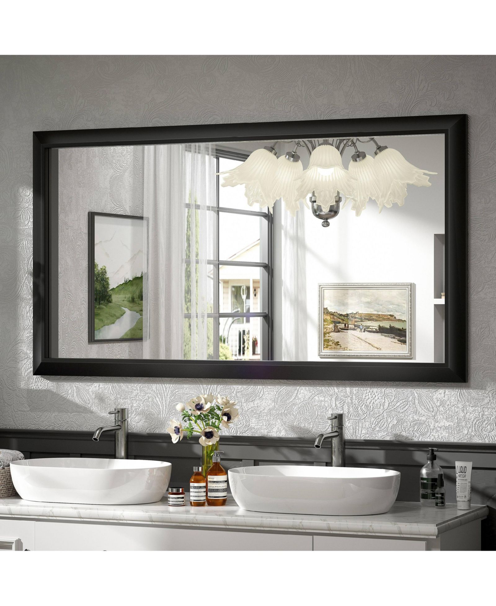 Apmir 55" x 30" Inch Thick Metal Framed Wall Mirrors for Bedroom, Rectangle Wall-Mounted Mirrors in Matte Black
