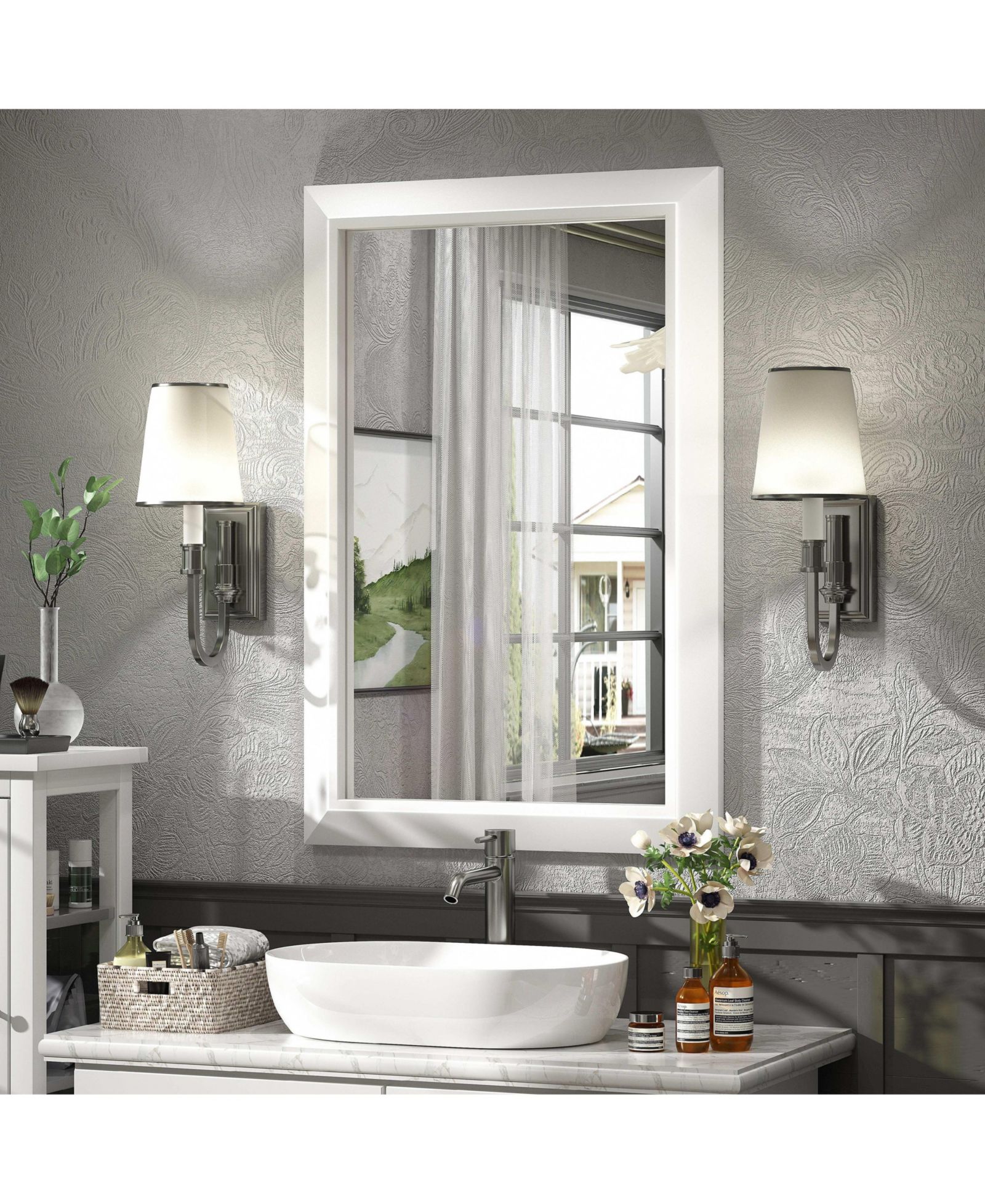 Apmir 24" x 36" Inch Thick Metal Framed Wall Mirrors for Bedroom, Rectangle Wall-Mounted Mirrors in Matte White