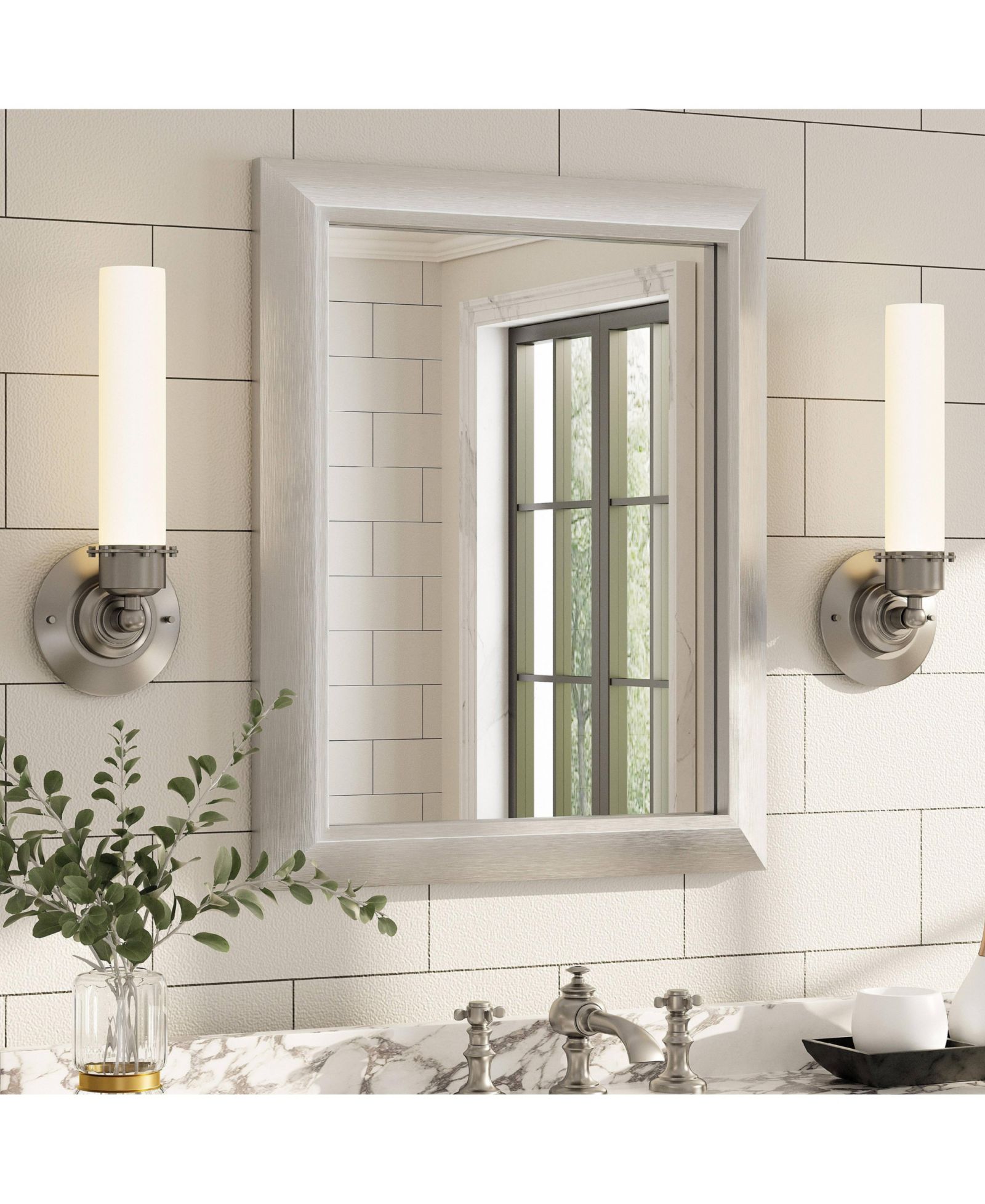 Apmir настенное зеркало в металлической раме 16" x 20" для спальни, Brushed Silver