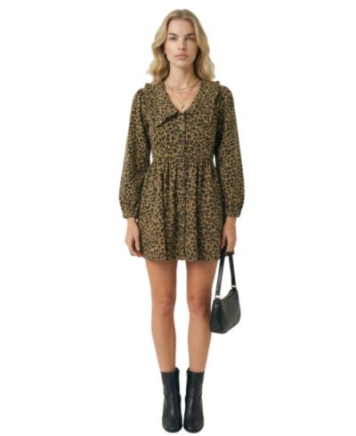Modenaire Women's Leopard Print Oversized Collar Long Sleeve Mini Dress