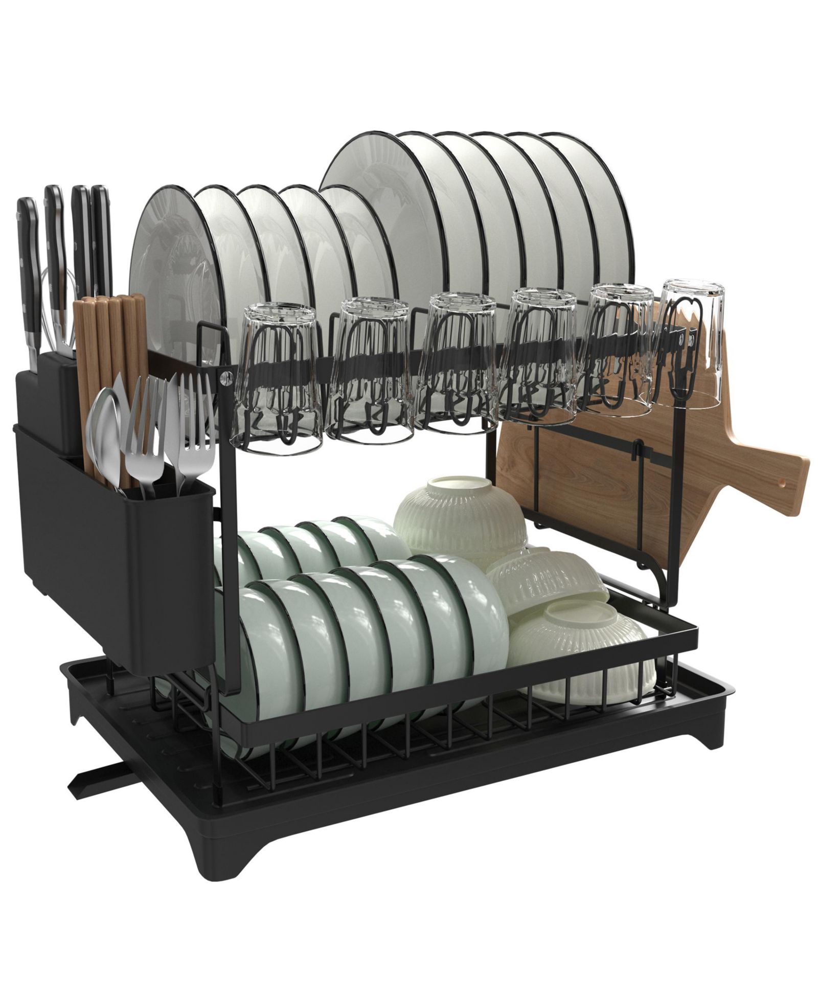 2 Tier Anti-Rust Dish Drying Rack with Drainage Spout for Kitchen