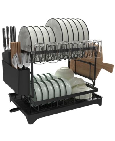 2 Tier Anti-Rust Dish Drying Rack with Drainage Spout for Kitchen
